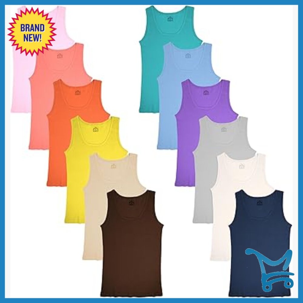 12 Pack Women's 100% Cotton Ribbed Tank Tops Scoop Neck Soft Stretch